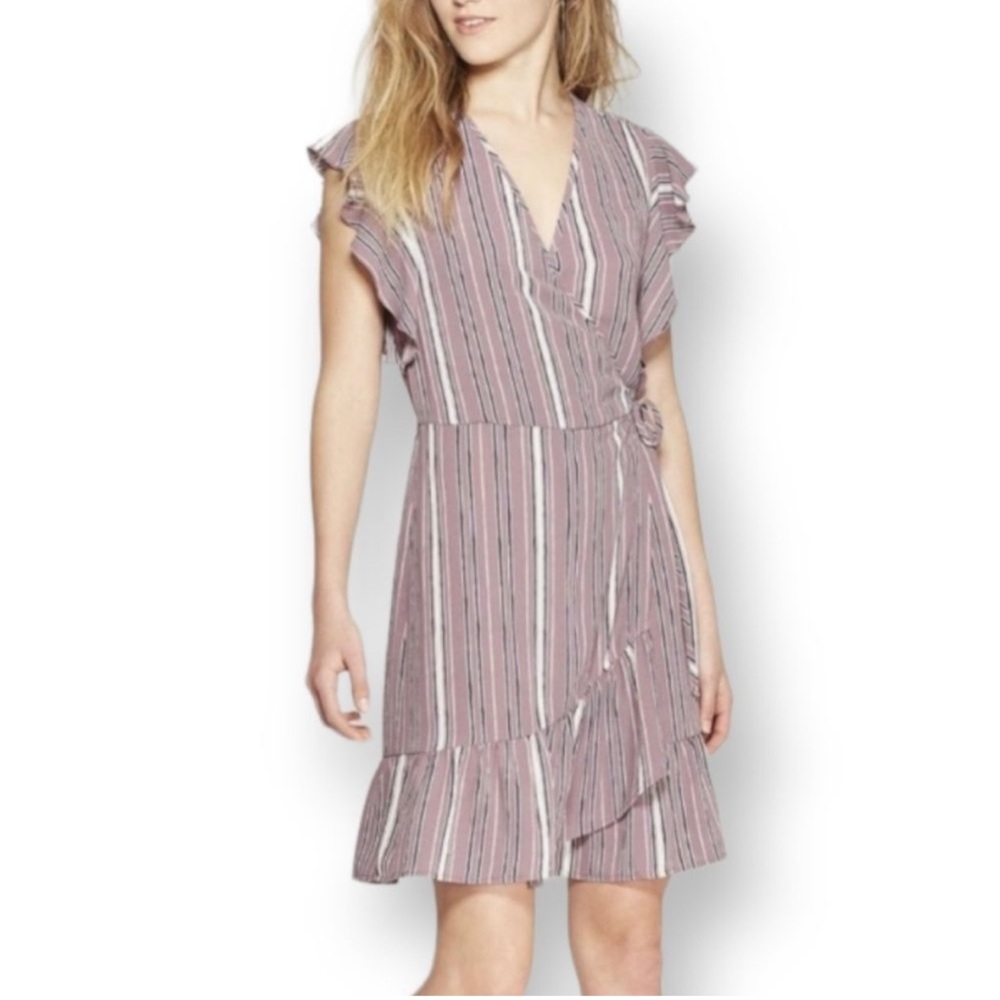XHILARATION PURPLE & WHITE FAUX WRAP DRESS XS